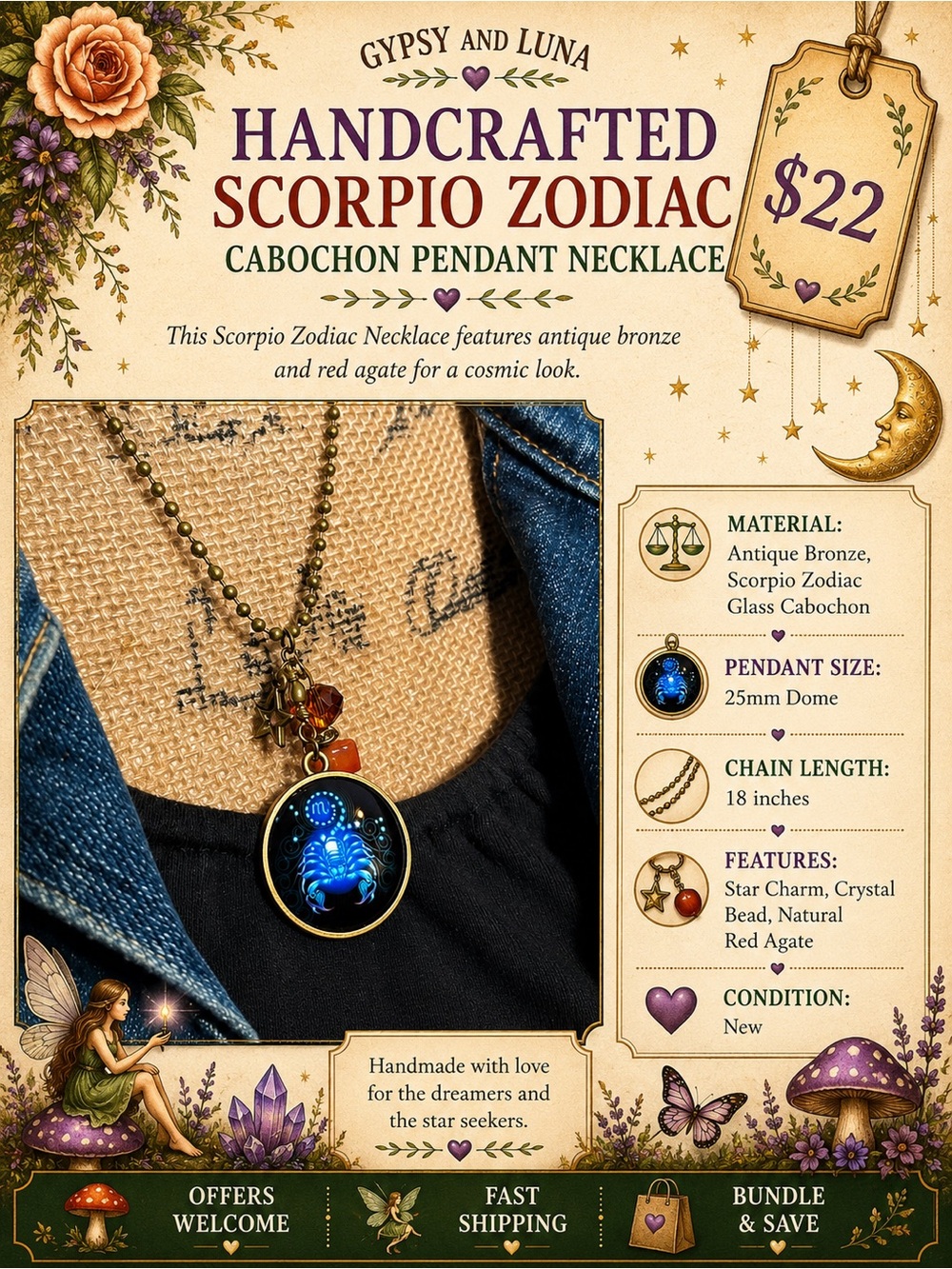Scorpio Zodiac Cabochon Pendant Necklace Antique Bronze, Red Agate